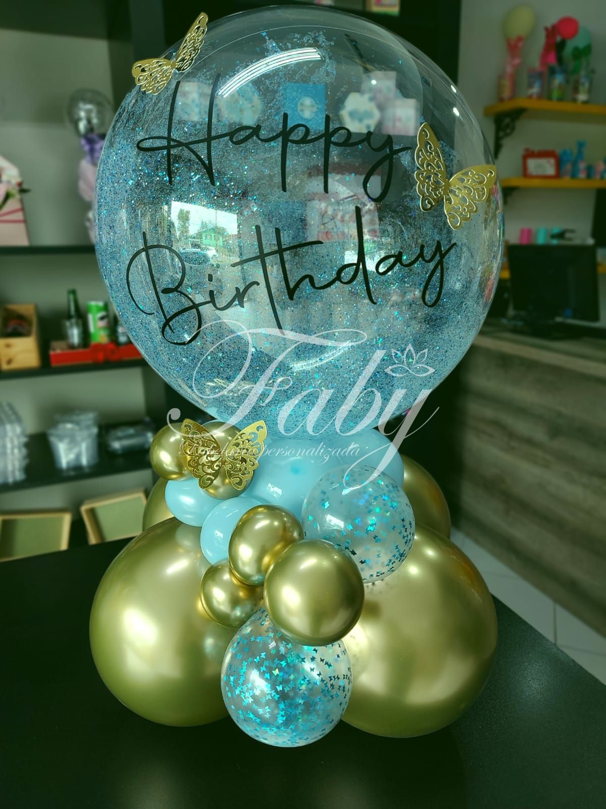 Arranjo de mesa Gliterizado azul com dourado